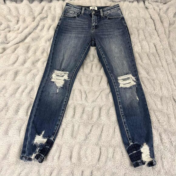 TTB Jeans Women 5 Distressed Skinny Blue Denim Mid Rise Stretch Ripped Hem Punk - Picture 1 of 8
